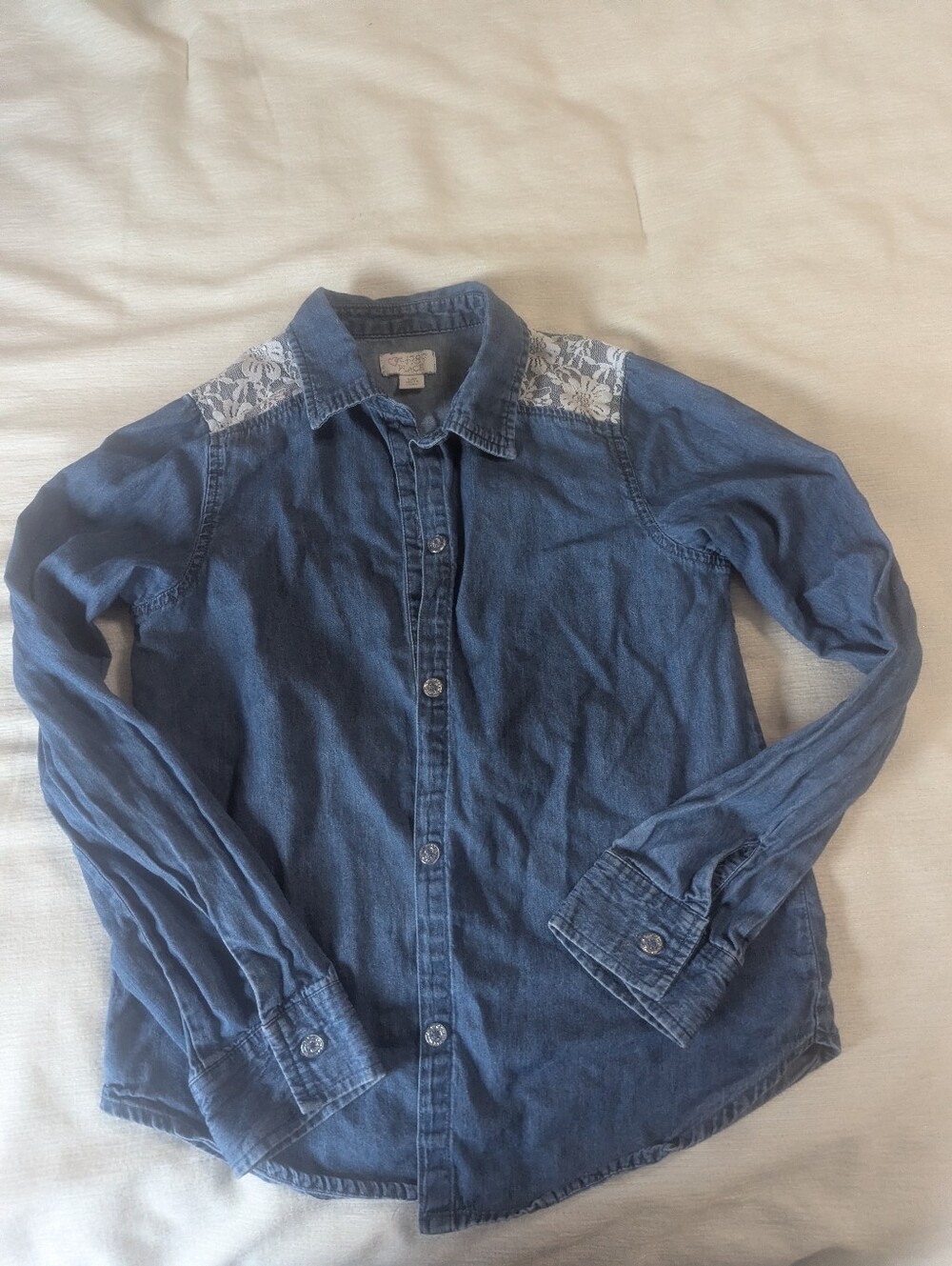 Girls' Denim Button-Up Shirt with Lace Shoulder Detail - Blue, Size 10/12